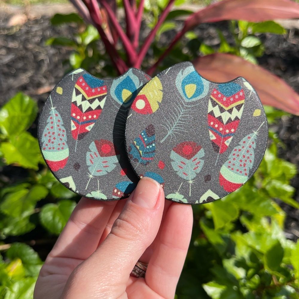 Boho Feather Skull Car Coaster Set  | Feather Car Accessories